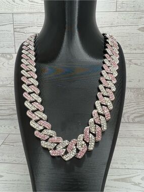 Pink and Silver Crystal Cuban Link Necklace 18”